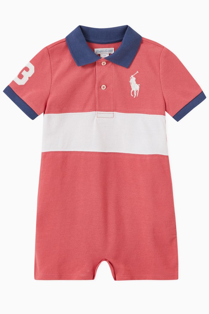 

Contrasting Stripe Polo Romper in Cotton Piqué, Purple