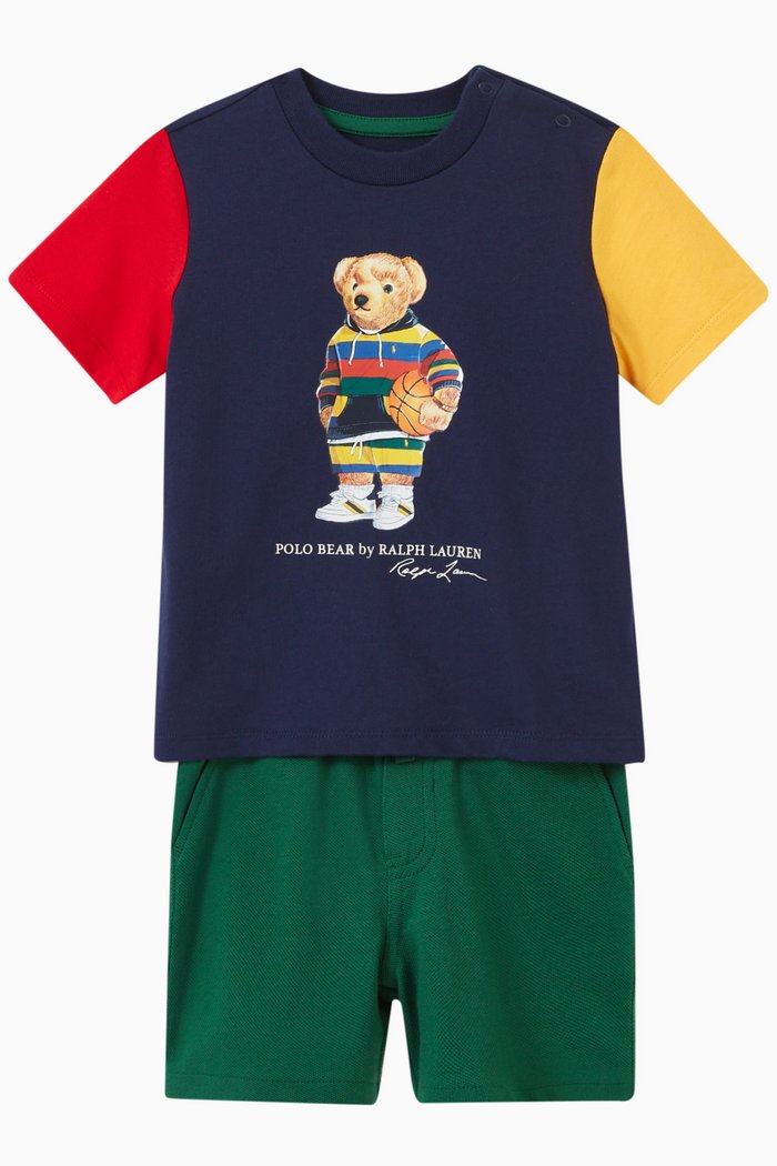 Teddy Bear T-shirt & Shorts Set in Cotton, Blue