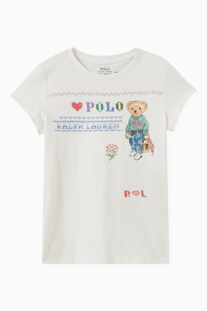 

Embroidered Bear and Logo Print T-shirt in Jersey, White