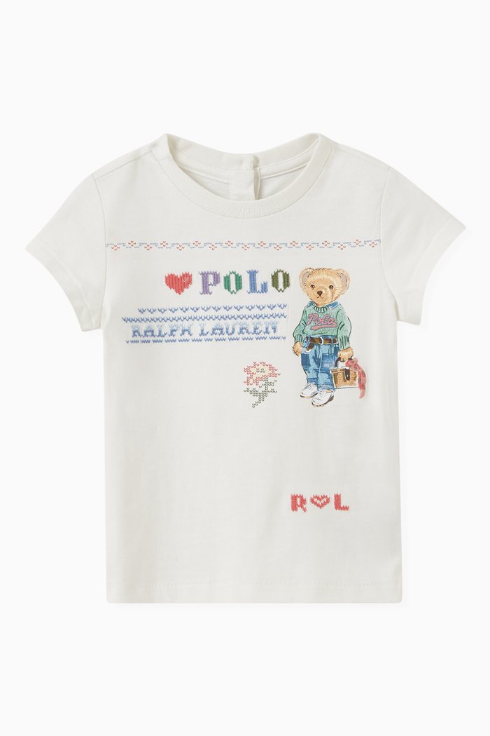 

Embroidered Bear and Logo Print T-shirt in Jersey, White