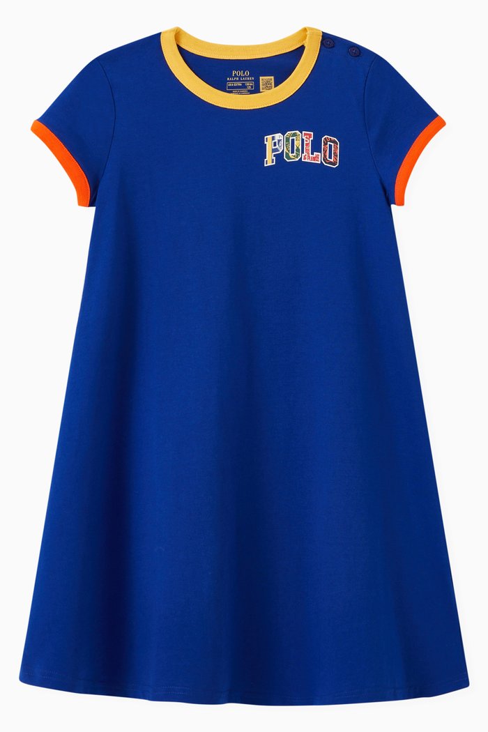 

Contrast Multicolour Trims Day Dress in Cotton Jersey, Blue