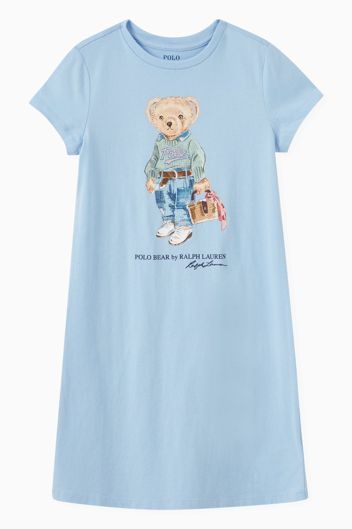 

Picnic Bear Print Day Dress in Cotton Jersey, Blue