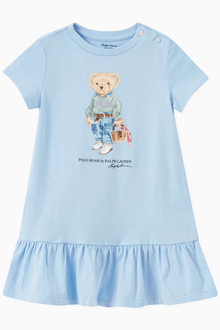 Picnic Bear Print Day Dress in Cotton, Blue