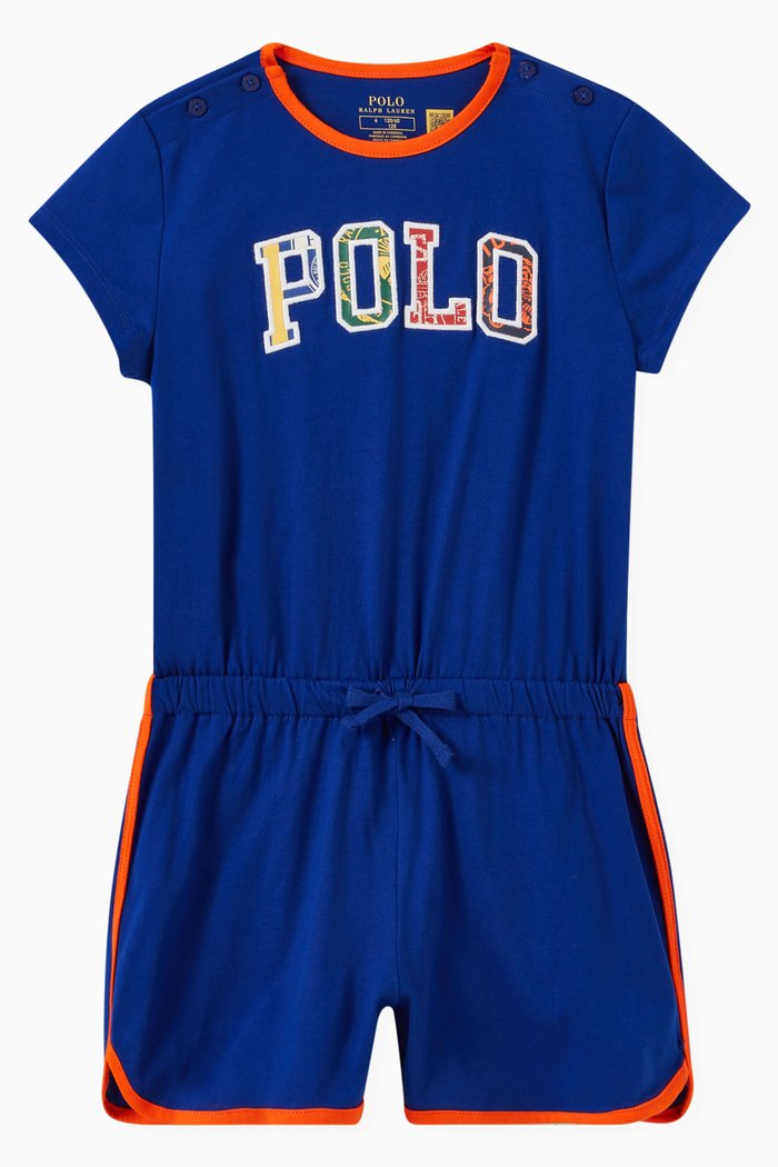 

Multicolour Polo Logo Print Romper in Cotton Jersey, Blue
