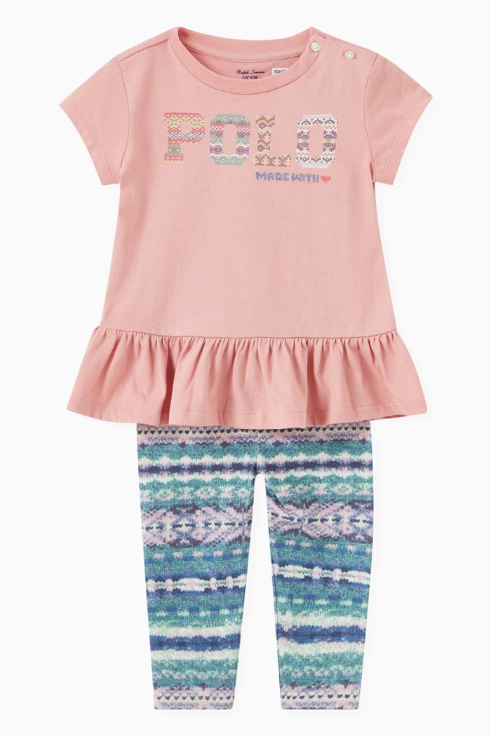 

Stripe Polo Logo Print Top & Leggings Set in Cotton, Pink