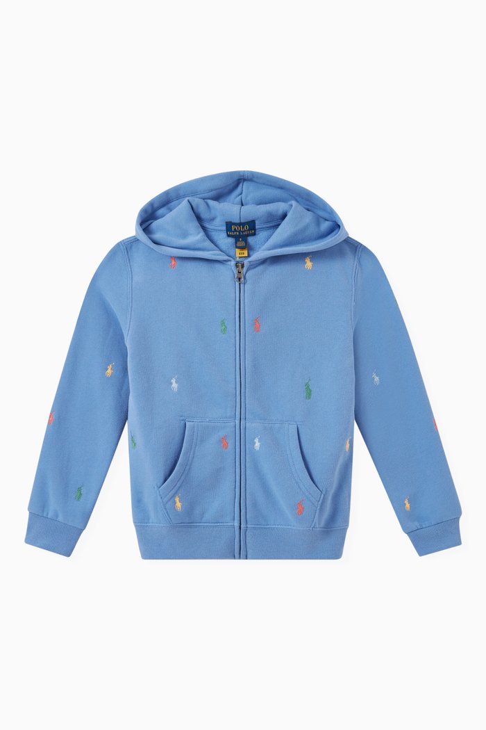 

All-over Embroidered Polo Logo Hoodie in Cotton, Blue