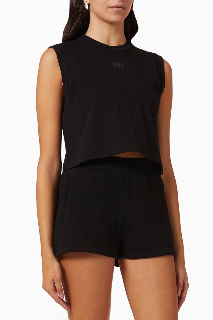 Puff Logo Crop Muscle T-shirt in Cotton Jersey, Black