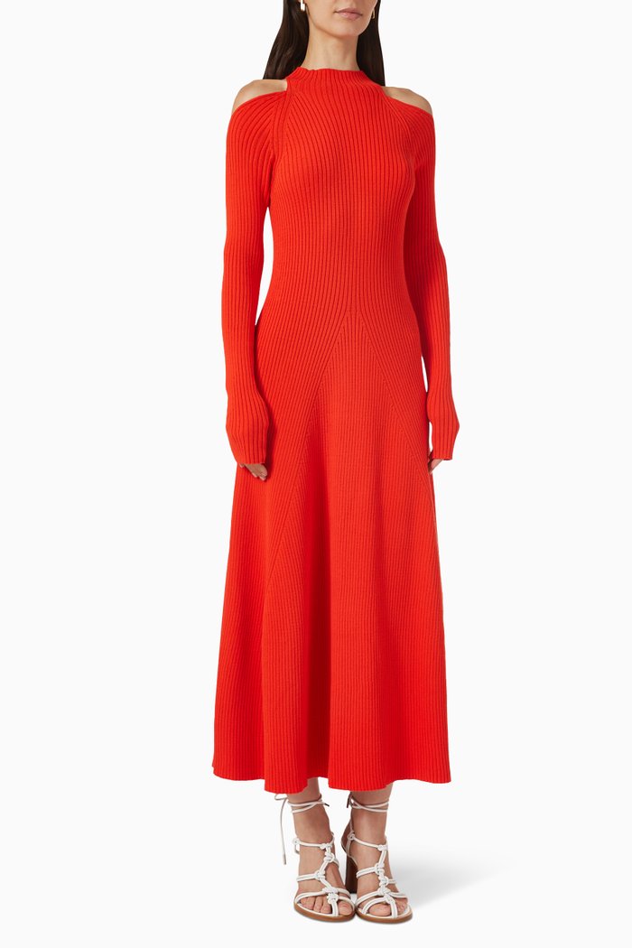 

Shoulder Cut-out Midi Dress in Ribbed Jersey, Red
