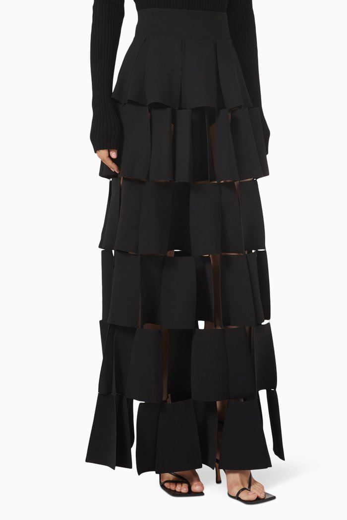 

Double Layered Rectangle Detail Maxi Skirt in Crêpe, Black