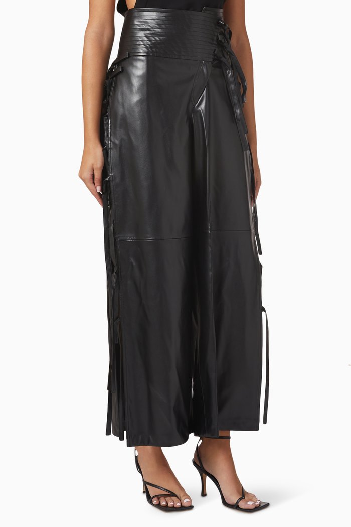 

Tie-up Tassel Pants in Eco Leather, Black