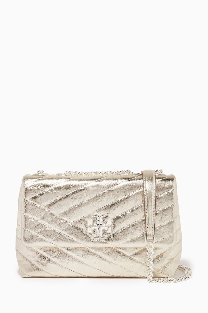 

Kira Small Shoulder Bag in Chevron-quilted Metallic Leather, Gold