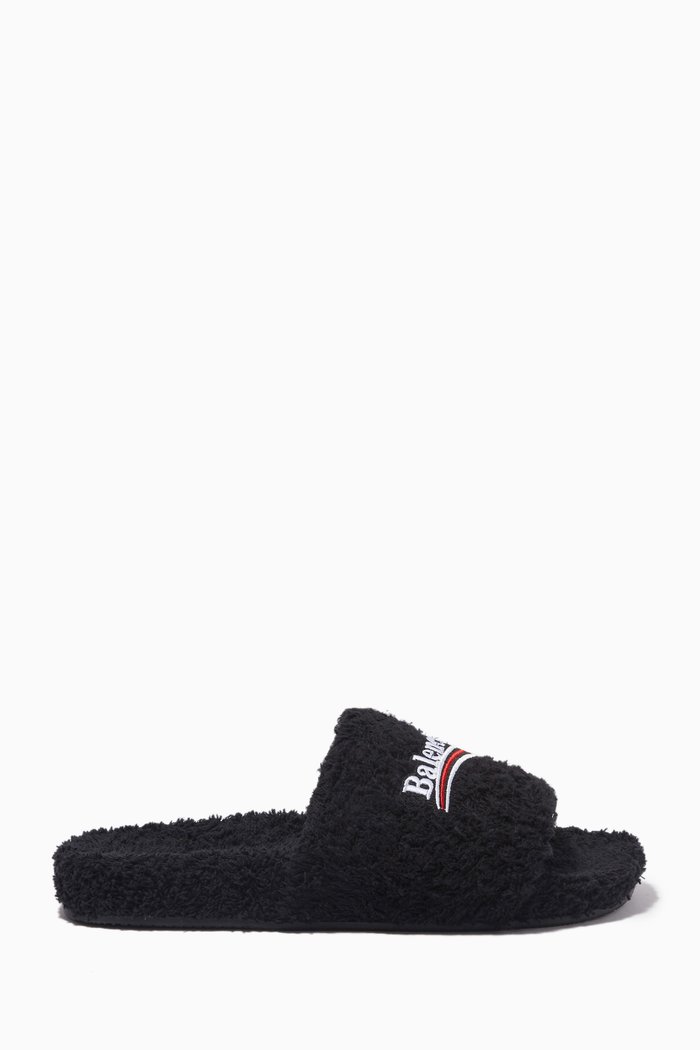 

Political Campaign Furry Slide Sandals in Faux Shearling, Black