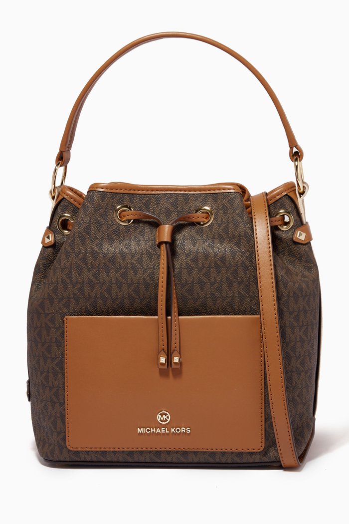 

Maeve Medium Bucket Bag in Logo-print Canvas & Leather, Brown