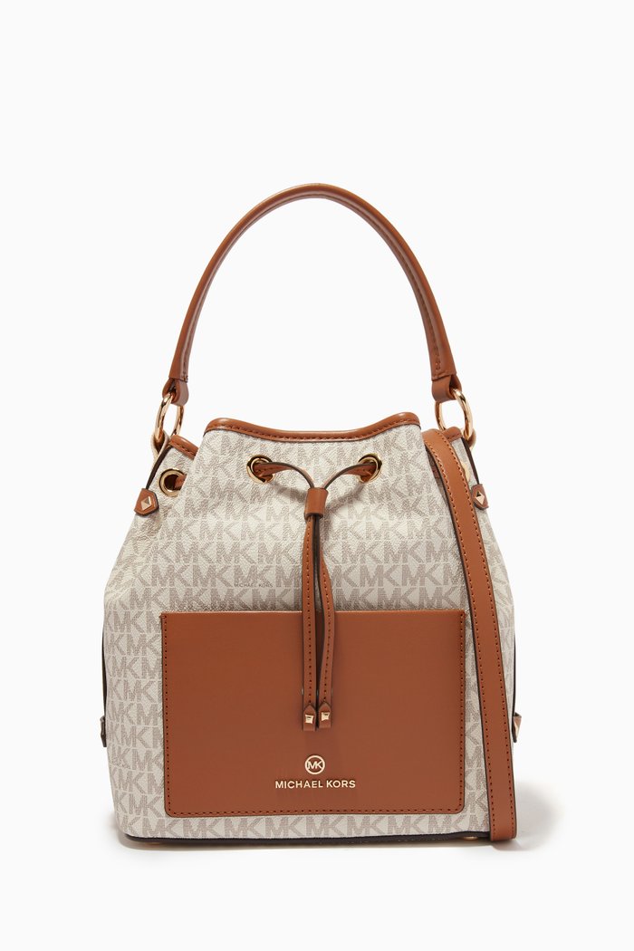 

Maeve Medium Bucket Bag in Logo-print Canvas & Leather, White
