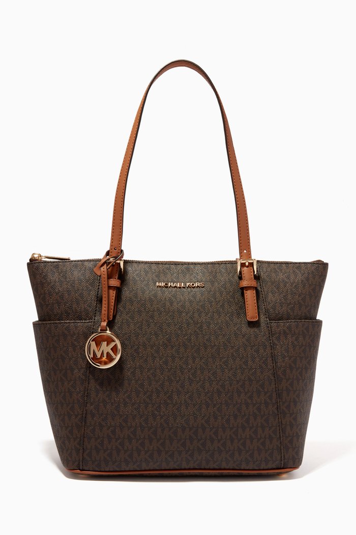 Jet Set Tote Bag in Logo-print Canvas, Brown