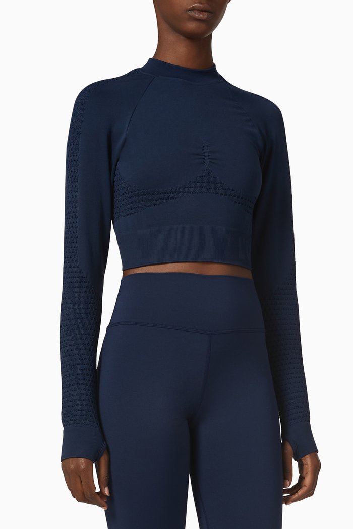 

Serenity Seamless Crop Top in Stretch Nylon, Blue