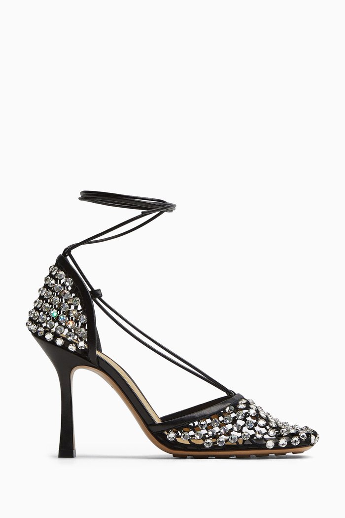

Sparkle Stretch Sandals in Leather & Mesh, Black