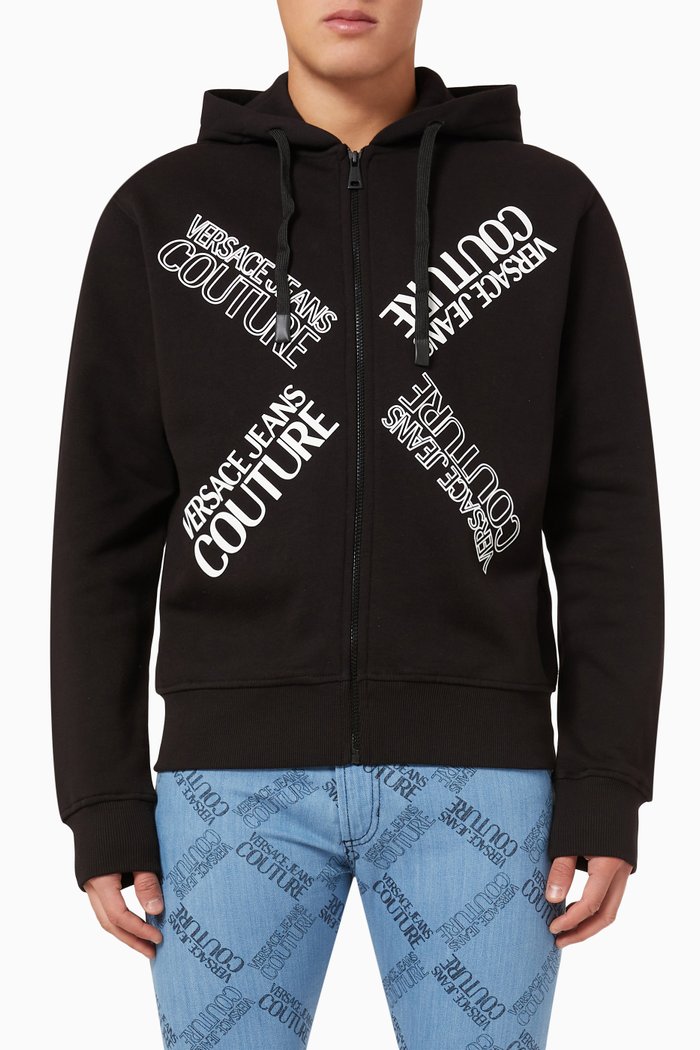 Crossed Logo Zipped Hoodie in Cotton-fleece, Black