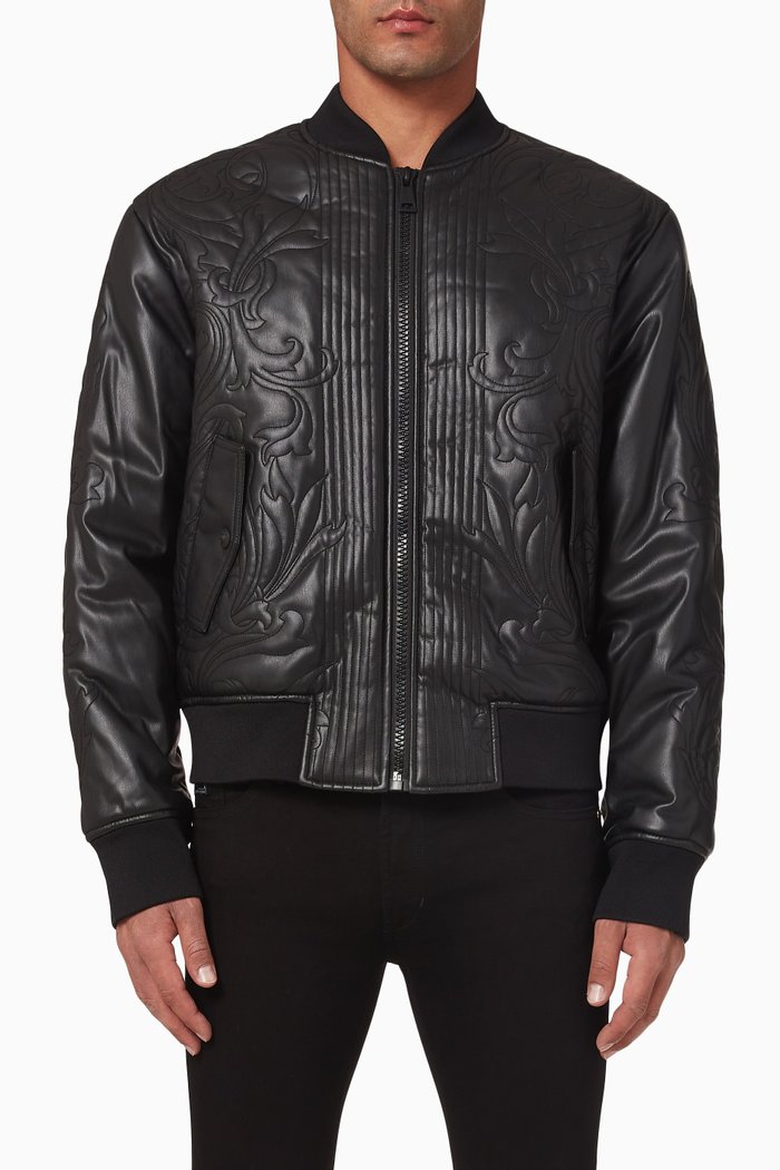 

Baroque Bomber Jacket in Coated Faux Leather, Black
