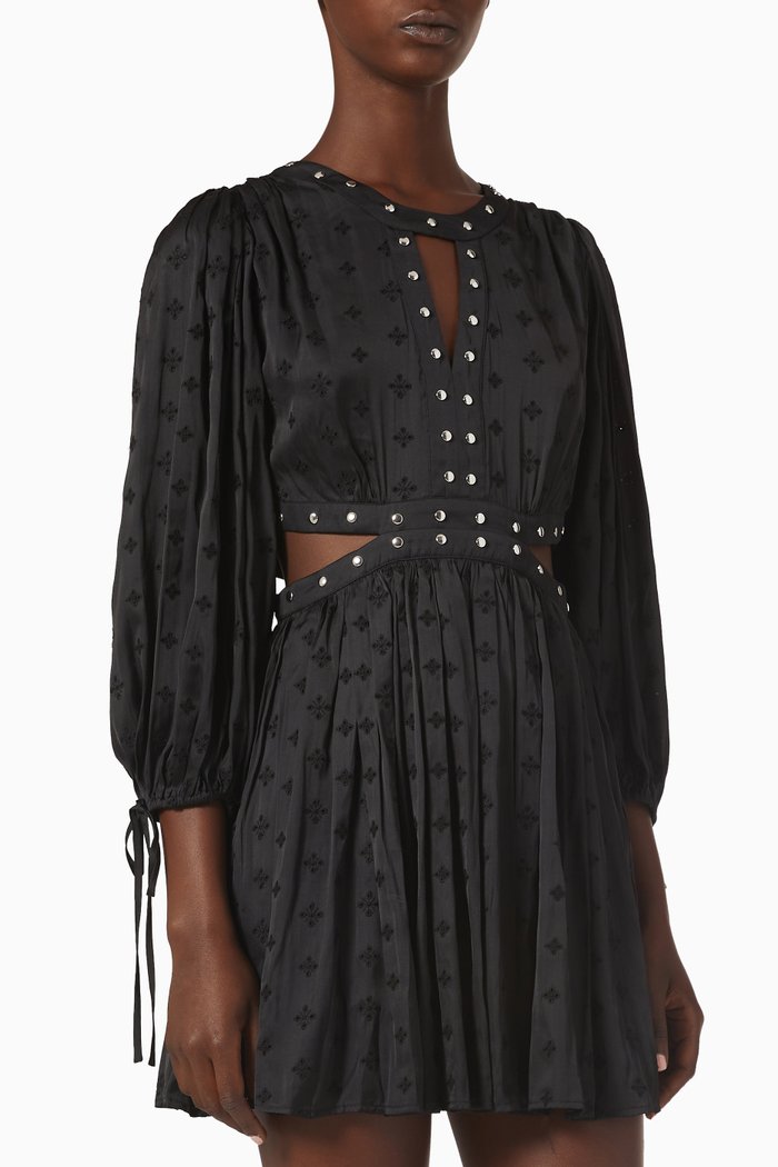 Studded Embroidered Dress in Satin, Black