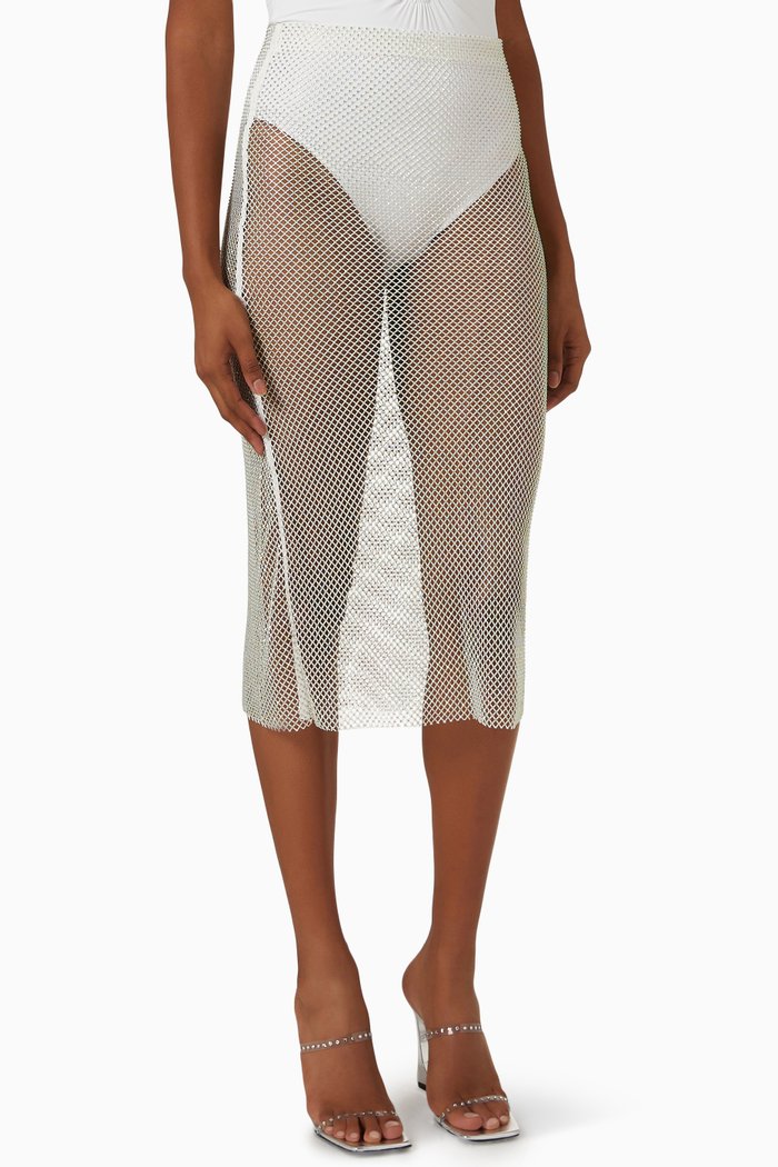 

Rhinestones Tube Skirt in Mesh, White