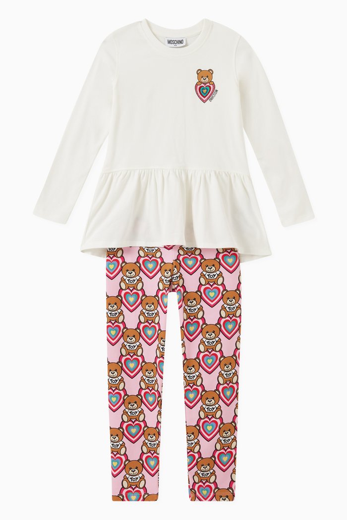 

Glitter Heart Teddy Top & Pants Set in Cotton Jersey, White