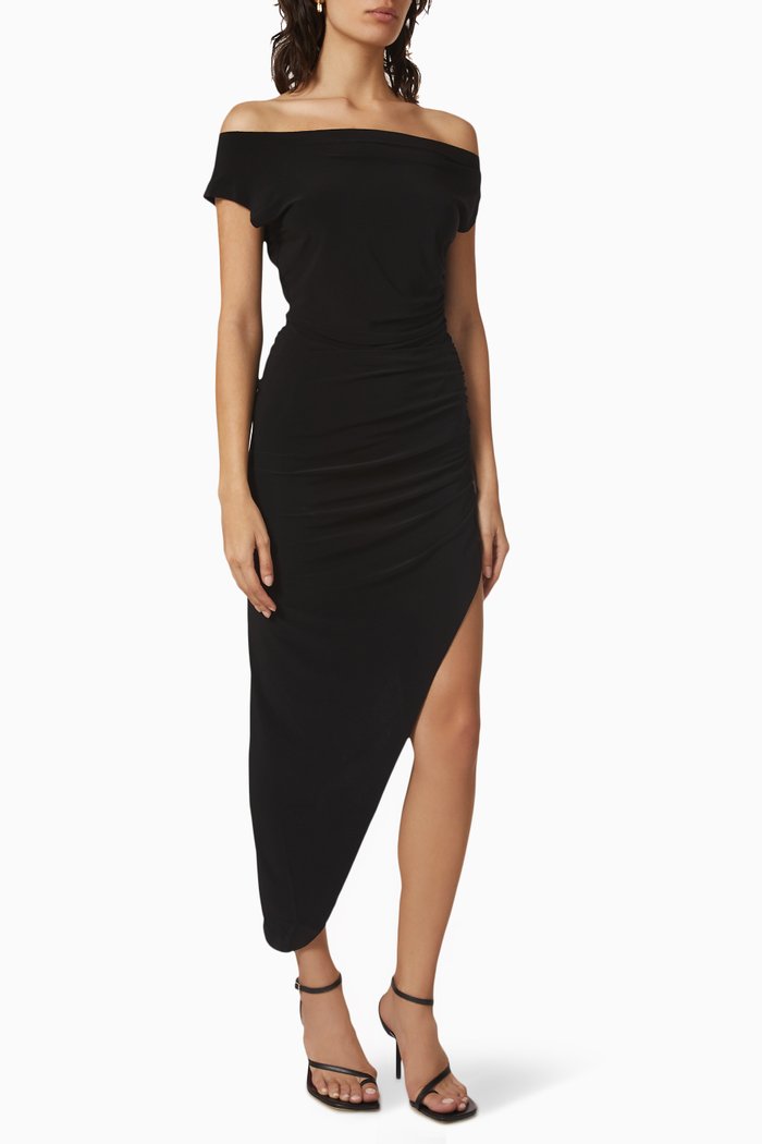 

Off-shoulder Peasant Draped Midi Dress in Poly Lycra, Black