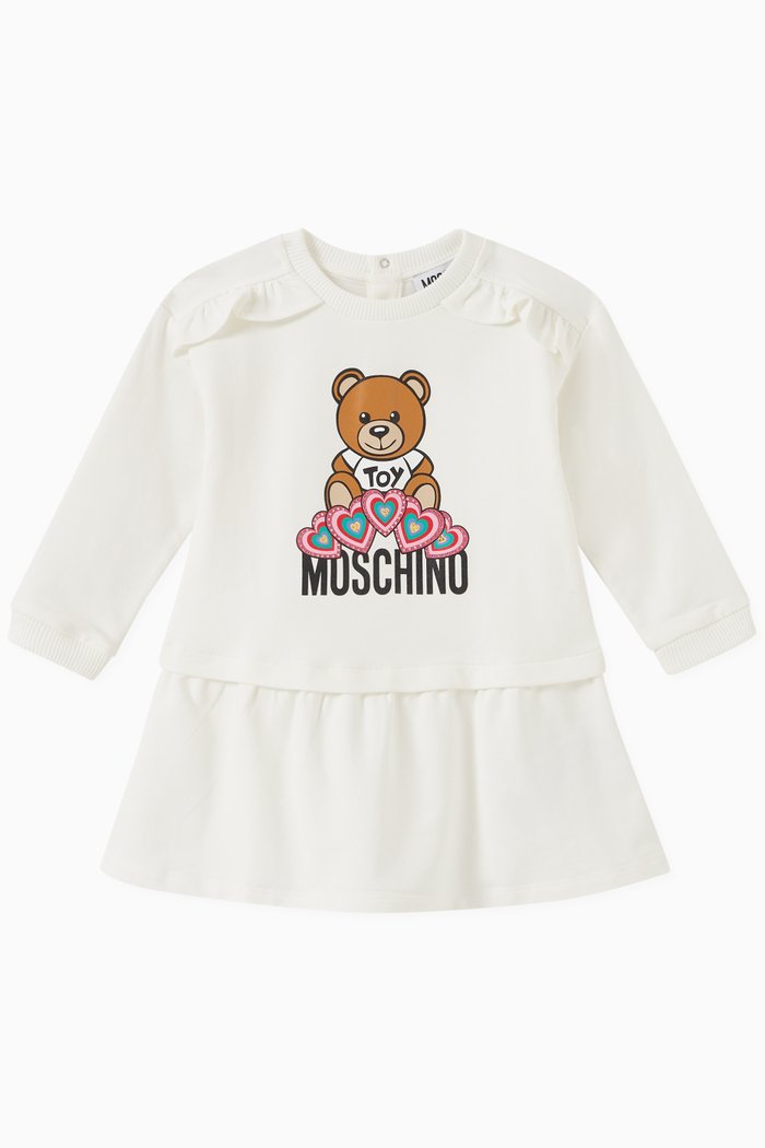 Embellished Teddy & Logo Print Dress in Cotton Jersey, White