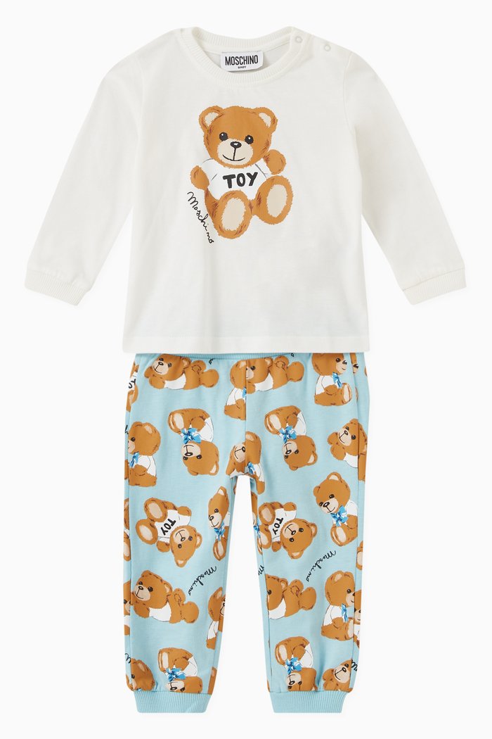 

Teddy Toy & Logo Print T-shirt & Pants Set in Cotton Jersey, Blue