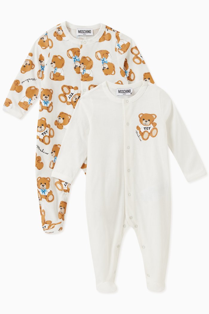 

Teddy Toy & Logo Print Sleepsuits in Cotton Jersey, Set of 2, White