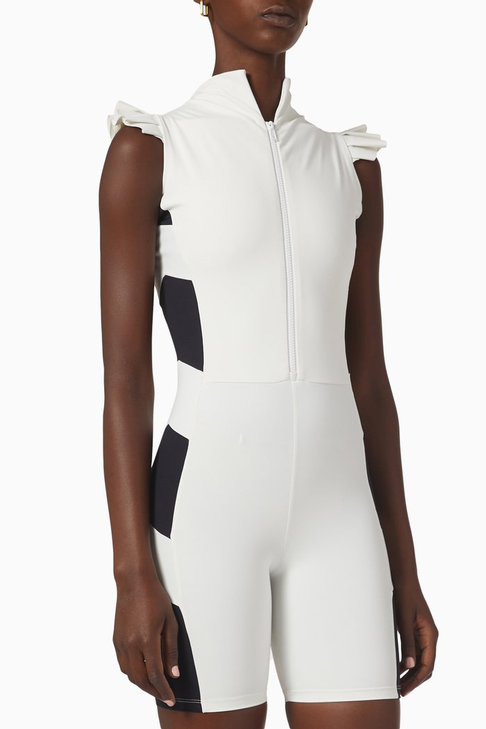 

Ruffle Biker Unitard in Price Lash Mescla, White
