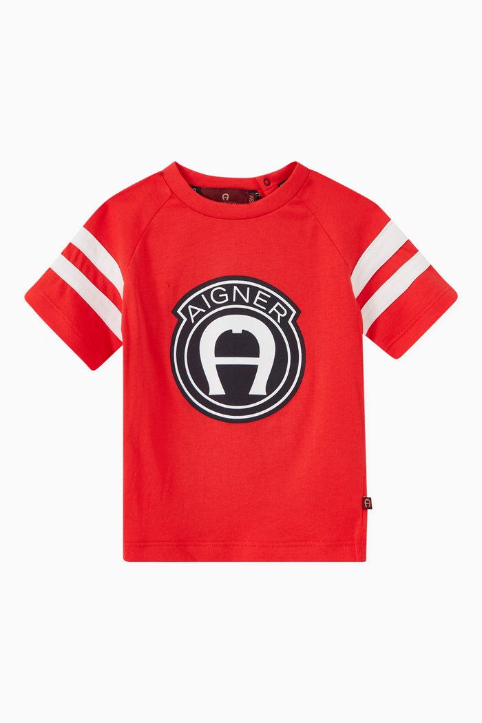Logo Badge Stripe T-shirt in Cotton Jersey, Red