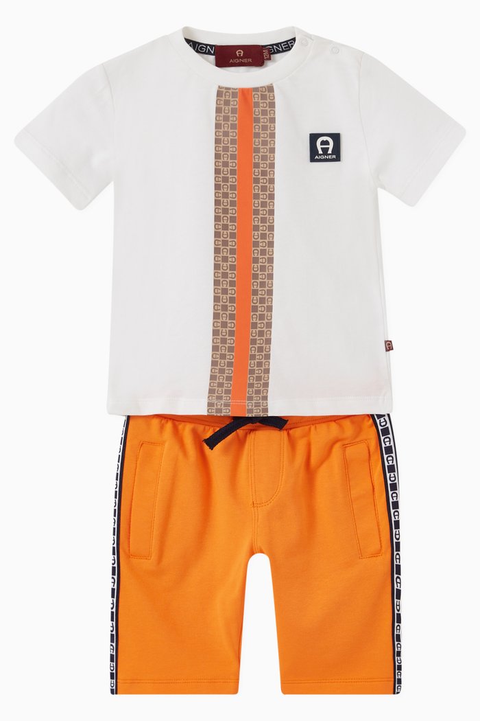 

Logo Stripe T-shirt & Shorts Set in Cotton, Orange