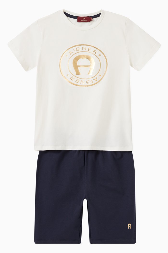 

Logo Badge Print T-shirt & Shorts Set in Cotton, White