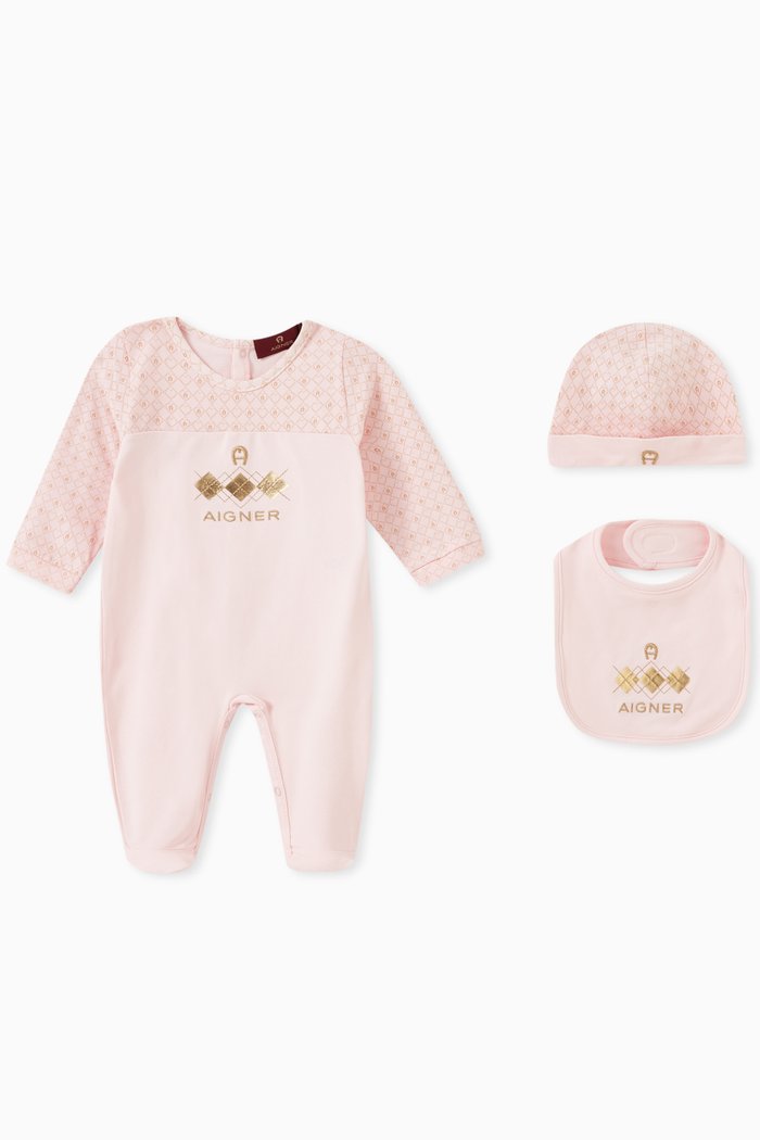 

Logo Bodysuit, Bib & Beanie Set, Pink