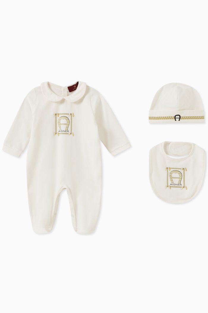 

Logo Bodysuit, Bib & Beanie Set, White