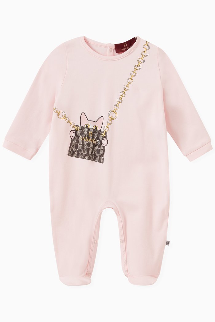 Crossbody Bag Logo Print Sleepsuit in Pima Cotton Jersey, Pink