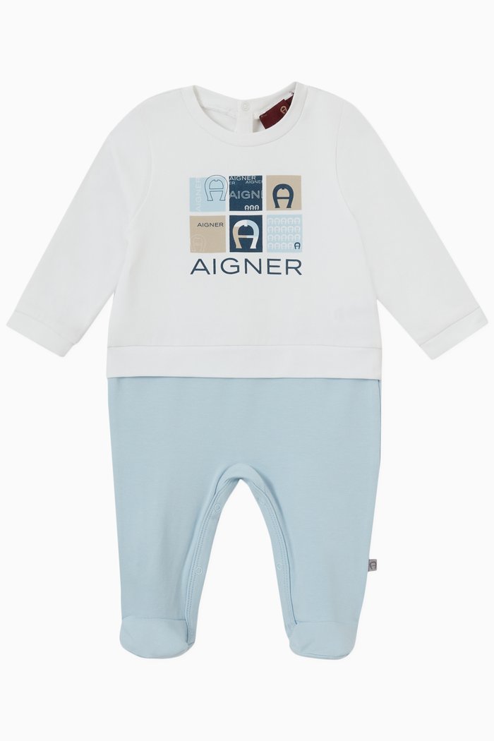 

Logo Multi-block Print Sleepsuit in Cotton Jersey, Blue