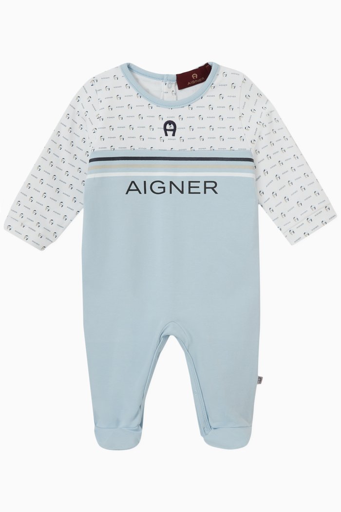 

Striped Logo Monogram Sleepsuit in Cotton Jersey, Blue