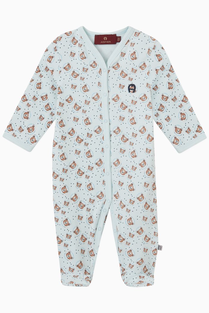 

All-over Teddy Print Sleepsuit in Cotton Jersey, Blue