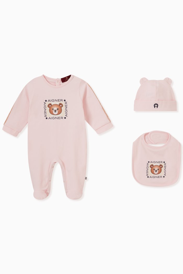 

Bear Print Overalls Set in Cotton, Pink