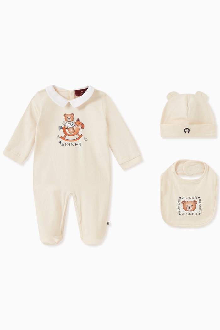 

Bear Print Overalls Set in Cotton, White