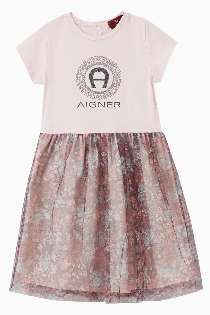 

Logo Floral Dress in Cotton & Tulle, Pink
