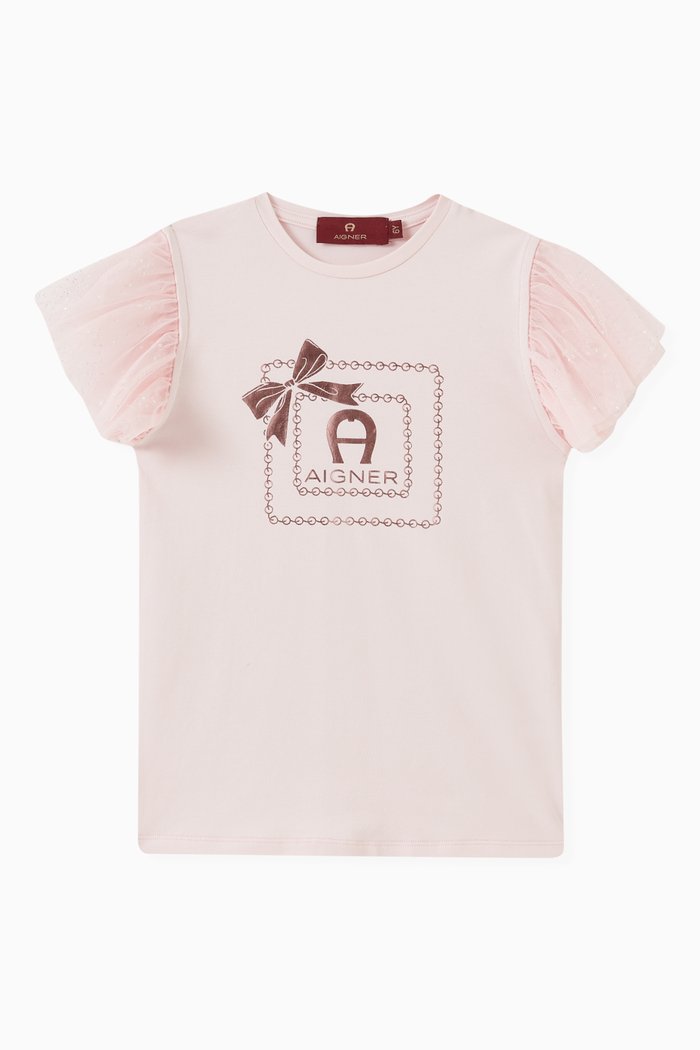 

Bow Logo Tulle Sleeve T-shirt in Jersey, Pink
