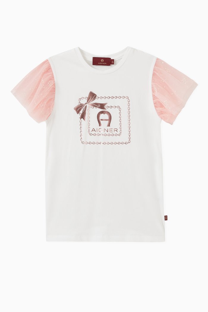 

Bow Logo Tulle Sleeve T-shirt in Jersey, White