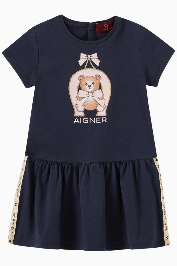 

Teddy Bear & Bow Print Dress in Cotton, Blue