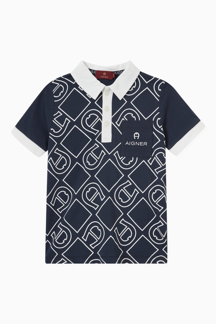 Contrasting Logo Detail Polo Shirt in Cotton, Blue