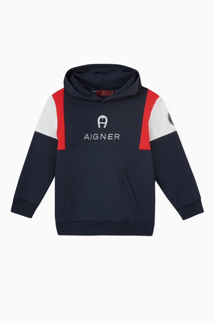 

Contrast Patch Hooded Sweatshirt in Cotton Jersey, Blue