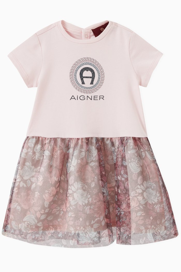 

Logo Floral Dress in Cotton & Tulle, Pink