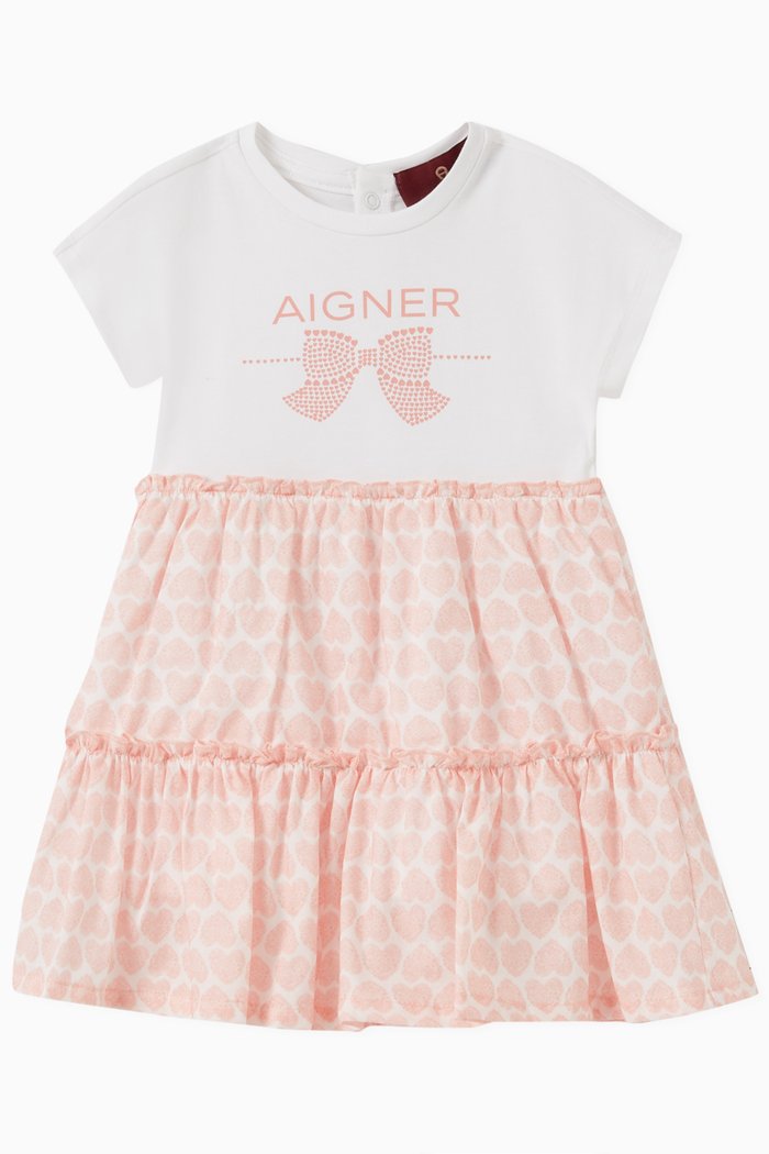 

Bow Logo Tiered Dress in Cotton Poplin, Pink